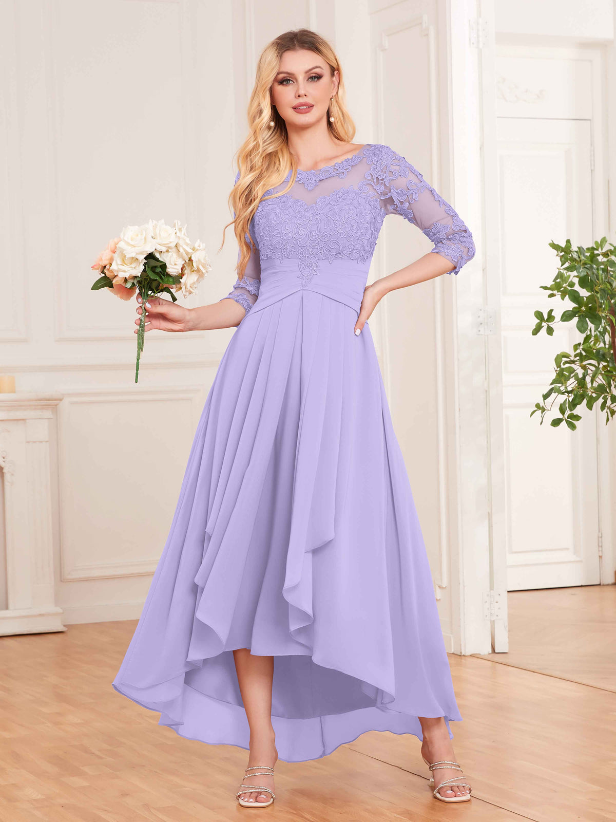 Chic Illusion Lace Half Sleeves High Low Chiffon Bridesmaid Dresses UK