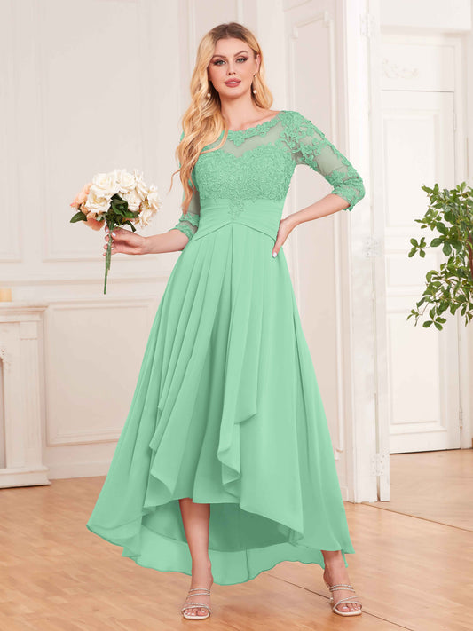 Chic Illusion Lace Half Sleeves High Low Chiffon Bridesmaid Dresses UK