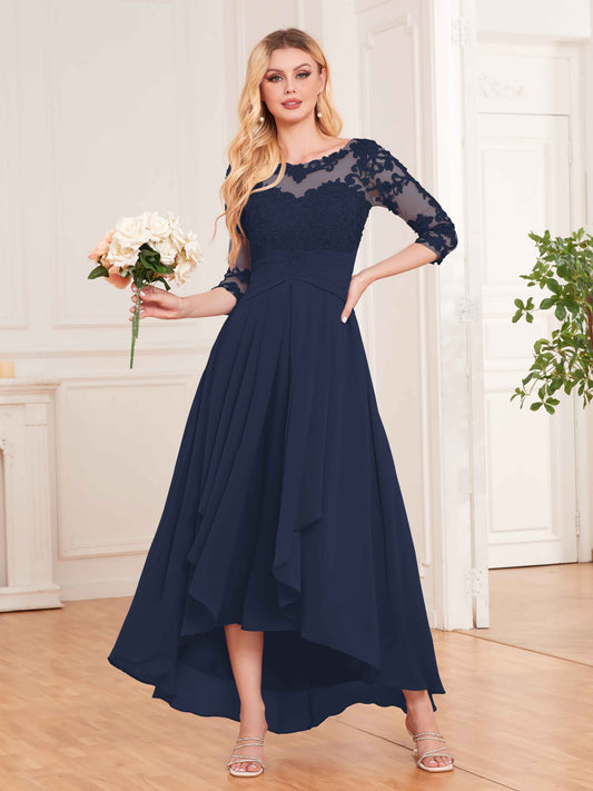 Chic Illusion Lace Half Sleeves High Low Chiffon Bridesmaid Dresses UK