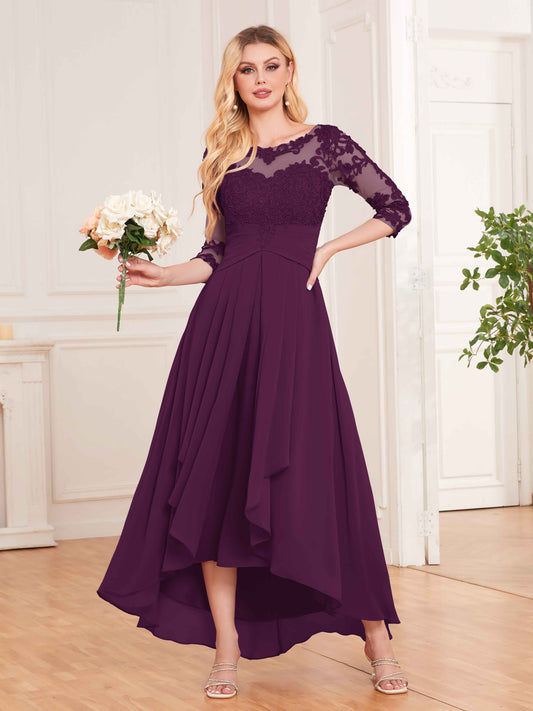 Chic Illusion Lace Half Sleeves High Low Chiffon Bridesmaid Dresses UK