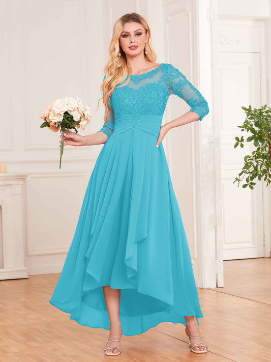 Chic Illusion Lace Half Sleeves High Low Chiffon Bridesmaid Dresses UK