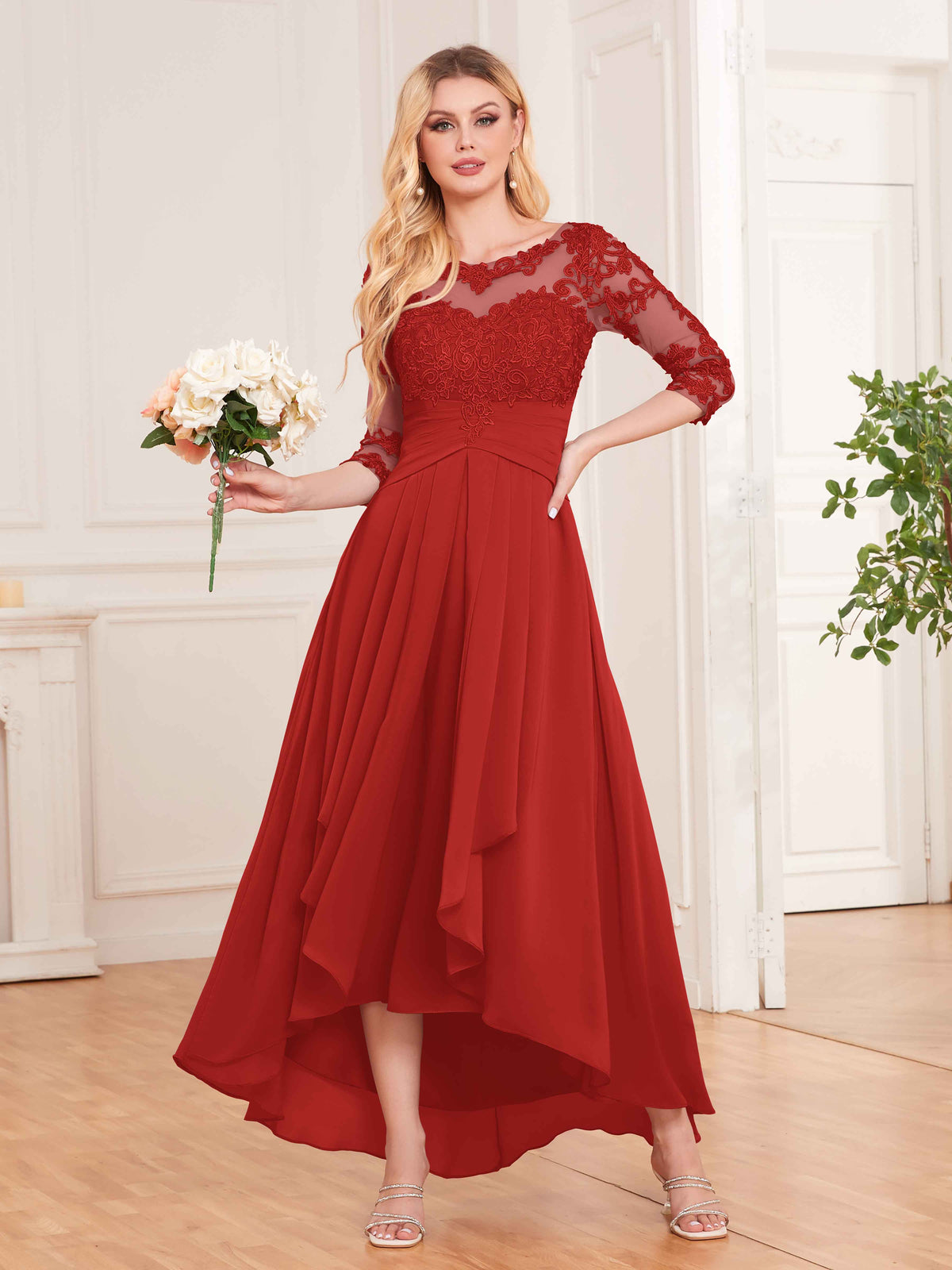 Chic Illusion Lace Half Sleeves High Low Chiffon Bridesmaid Dresses UK