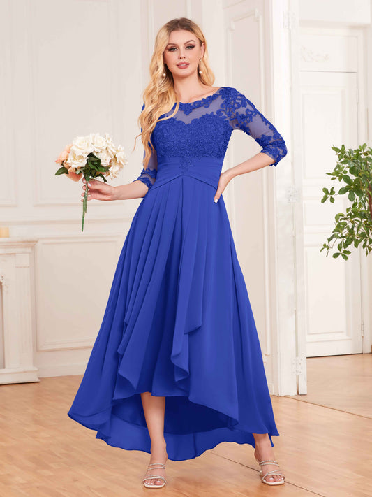 Chic Illusion Lace Half Sleeves High Low Chiffon Bridesmaid Dresses UK