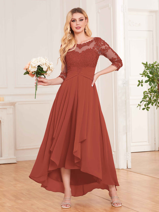 Chic Illusion Lace Half Sleeves High Low Chiffon Bridesmaid Dresses UK