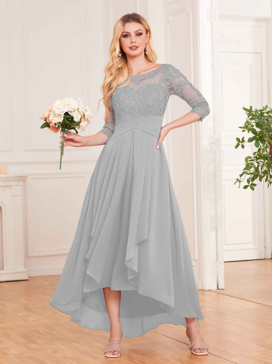 Chic Illusion Lace Half Sleeves High Low Chiffon Bridesmaid Dresses UK