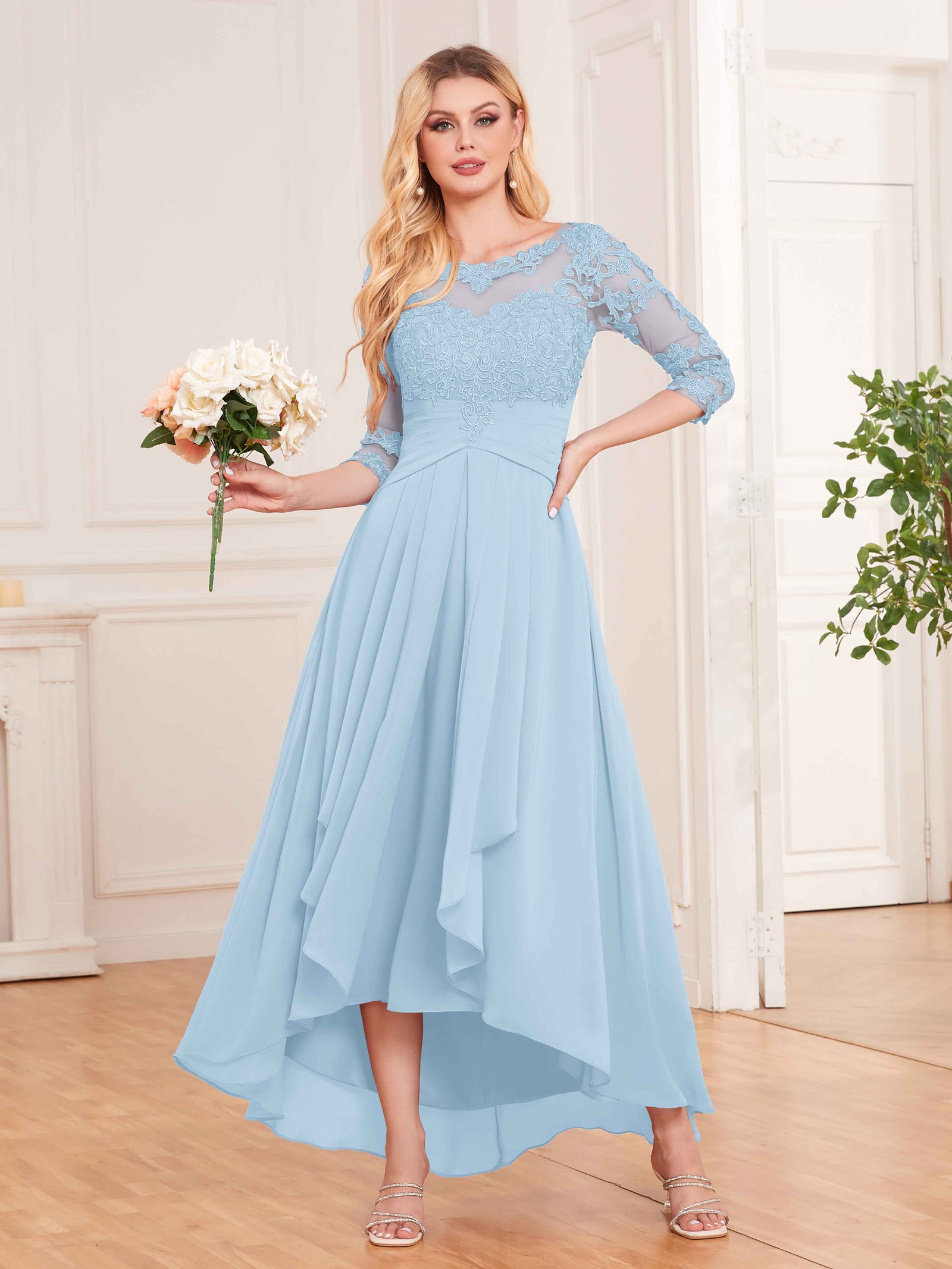 Chic Illusion Lace Half Sleeves High Low Chiffon Bridesmaid Dresses UK