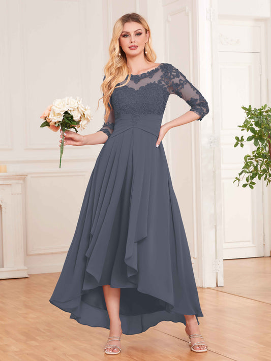 Chic Illusion Lace Half Sleeves High Low Chiffon Bridesmaid Dresses UK