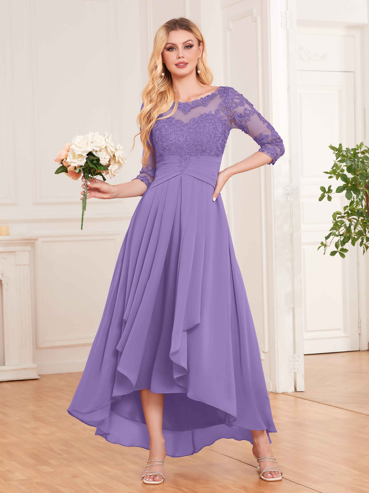 Chic Illusion Lace Half Sleeves High Low Chiffon Bridesmaid Dresses UK