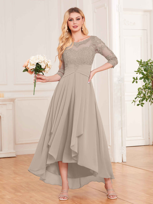 Chic Illusion Lace Half Sleeves High Low Chiffon Bridesmaid Dresses UK