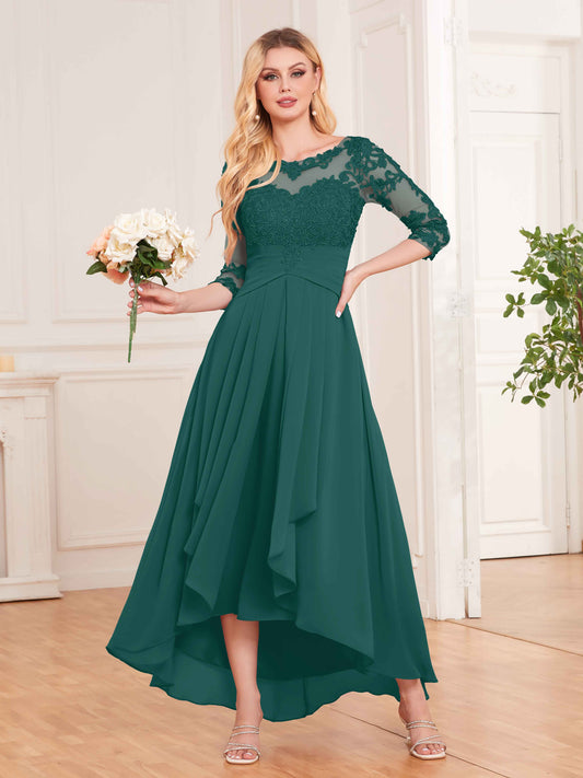 Chic Illusion Lace Half Sleeves High Low Chiffon Bridesmaid Dresses UK