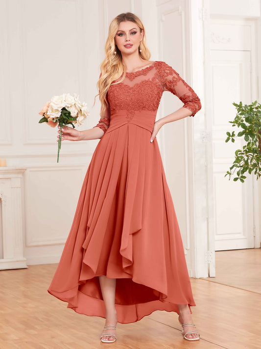 Chic Illusion Lace Half Sleeves High Low Chiffon Bridesmaid Dresses UK
