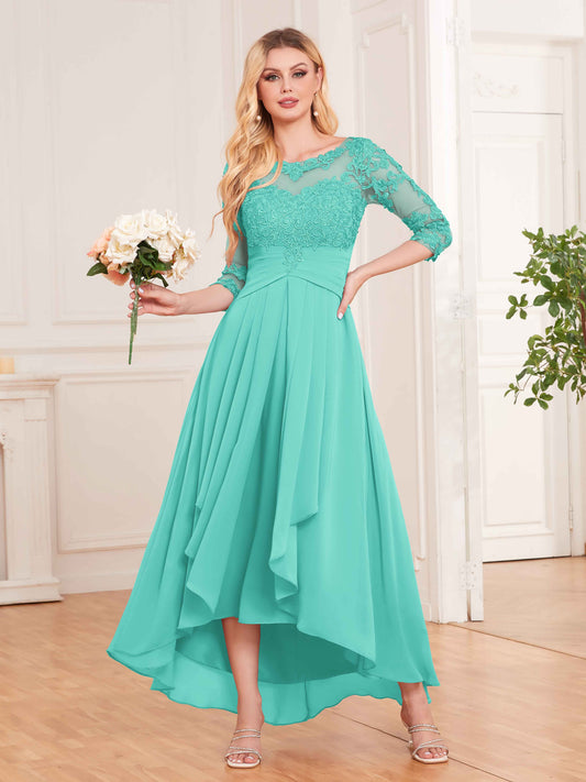 Chic Illusion Lace Half Sleeves High Low Chiffon Bridesmaid Dresses UK