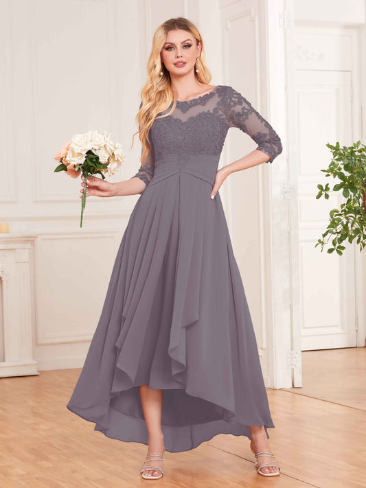 Chic Illusion Lace Half Sleeves High Low Chiffon Bridesmaid Dresses UK