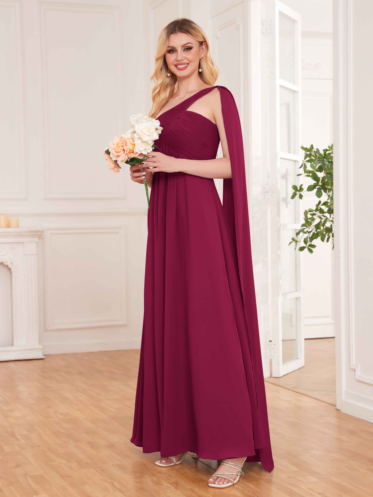 Chic Ruched Flowing Straps Floor Length Chiffon Bridesmaid Dresses UK