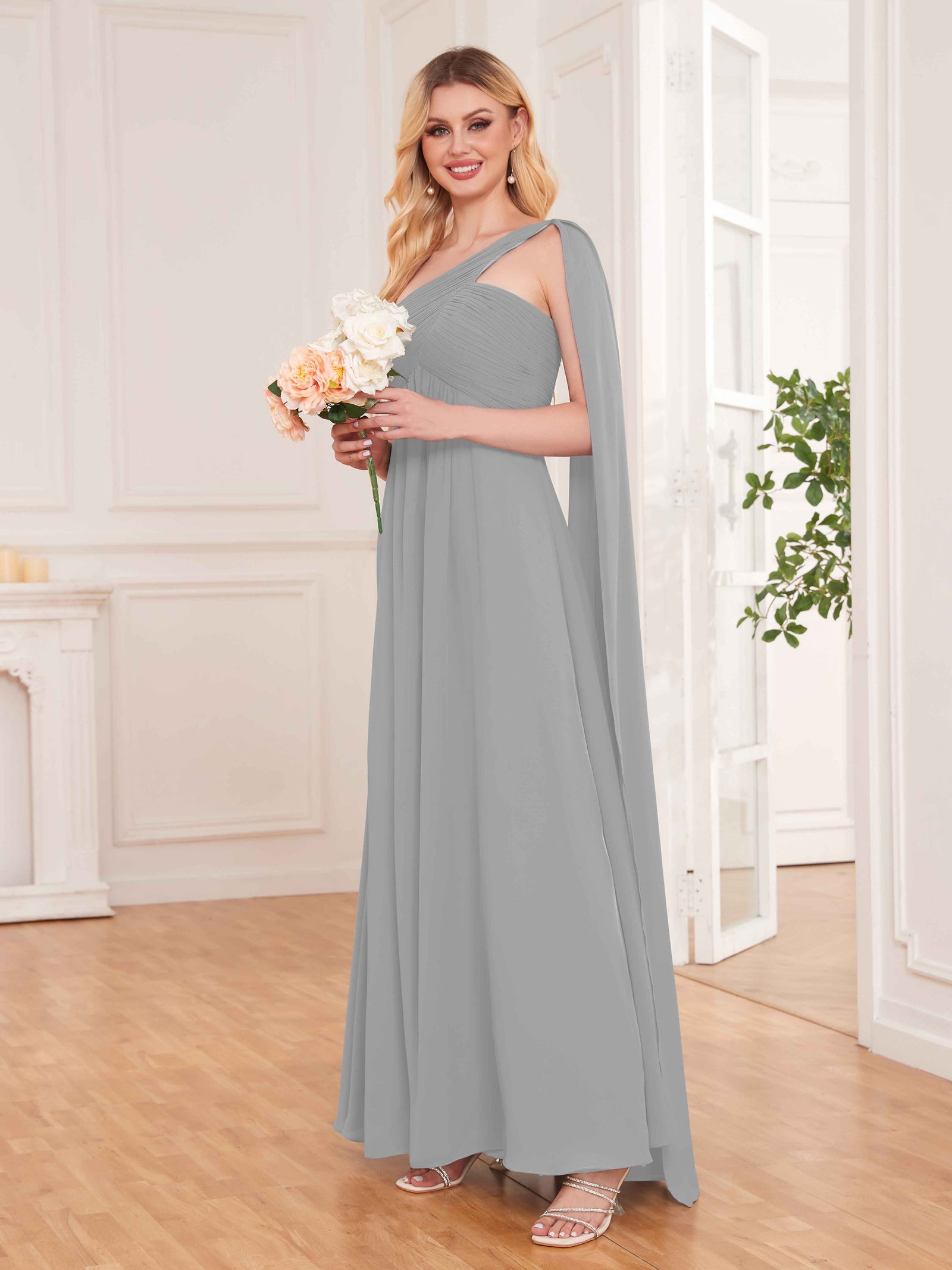 Chic Ruched Flowing Straps Floor Length Chiffon Bridesmaid Dresses UK
