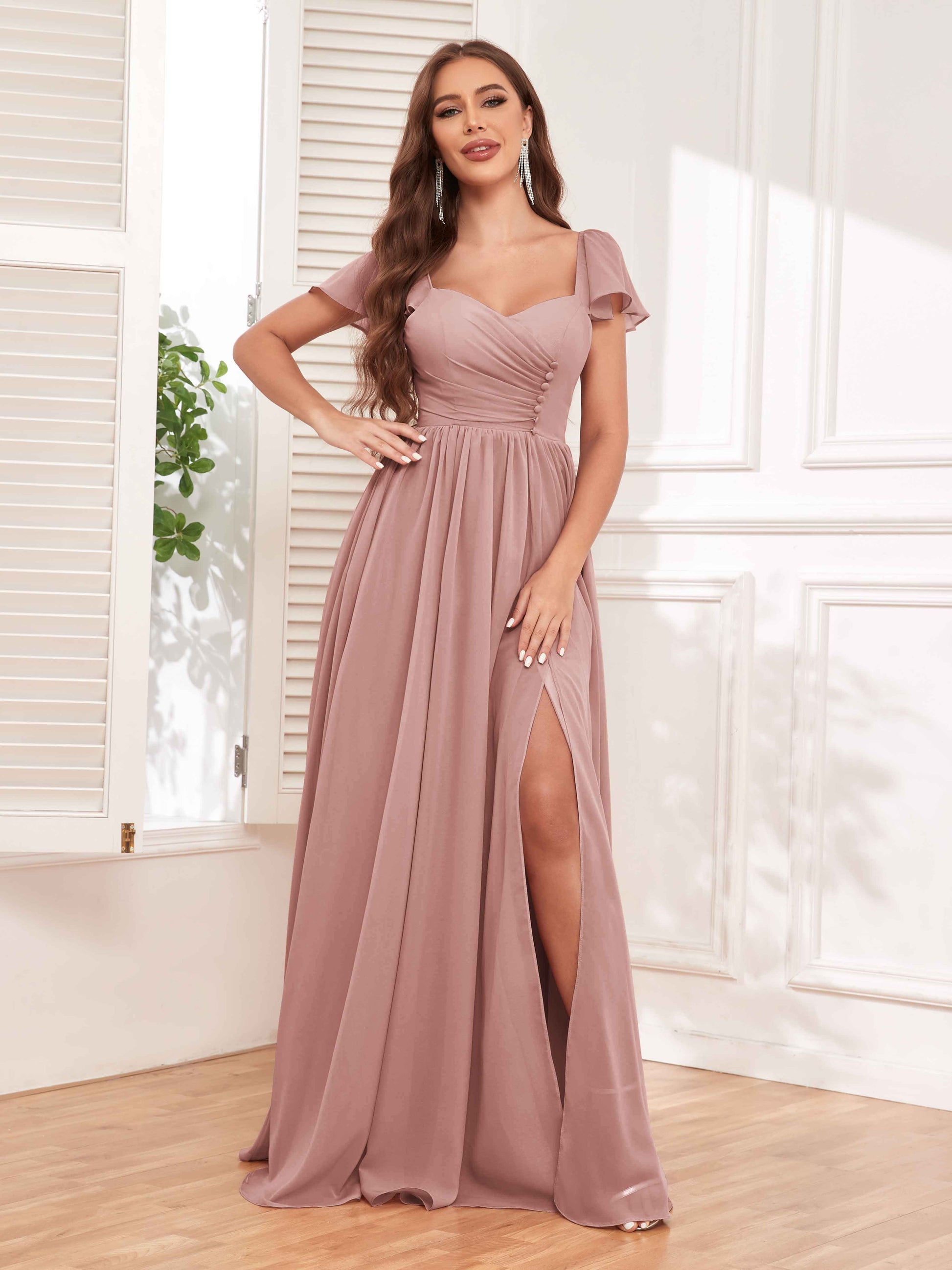 Chic Short Sleeves Slit Chiffon Bridesmaid Dresses UK With Buttons Chic Short Sleeves Slit Chiffon Bridesmaid Dresses UK With Buttons
