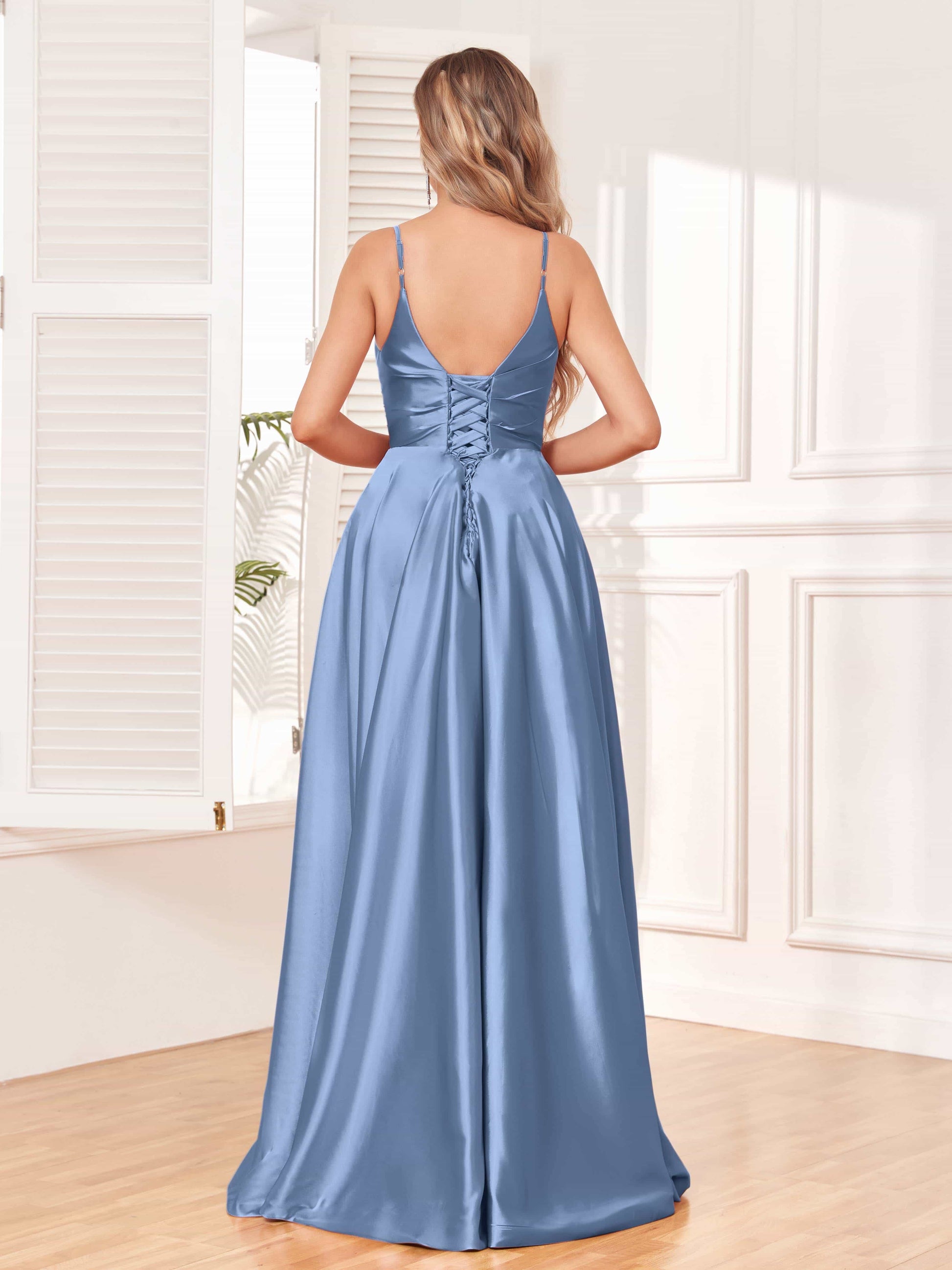 Chic Spaghetti Straps Floor Length Satin Bridesmaid Dresses UK - Dusty Blue Chic Spaghetti Straps Floor Length Satin Bridesmaid Dresses UK - Dusty Blue