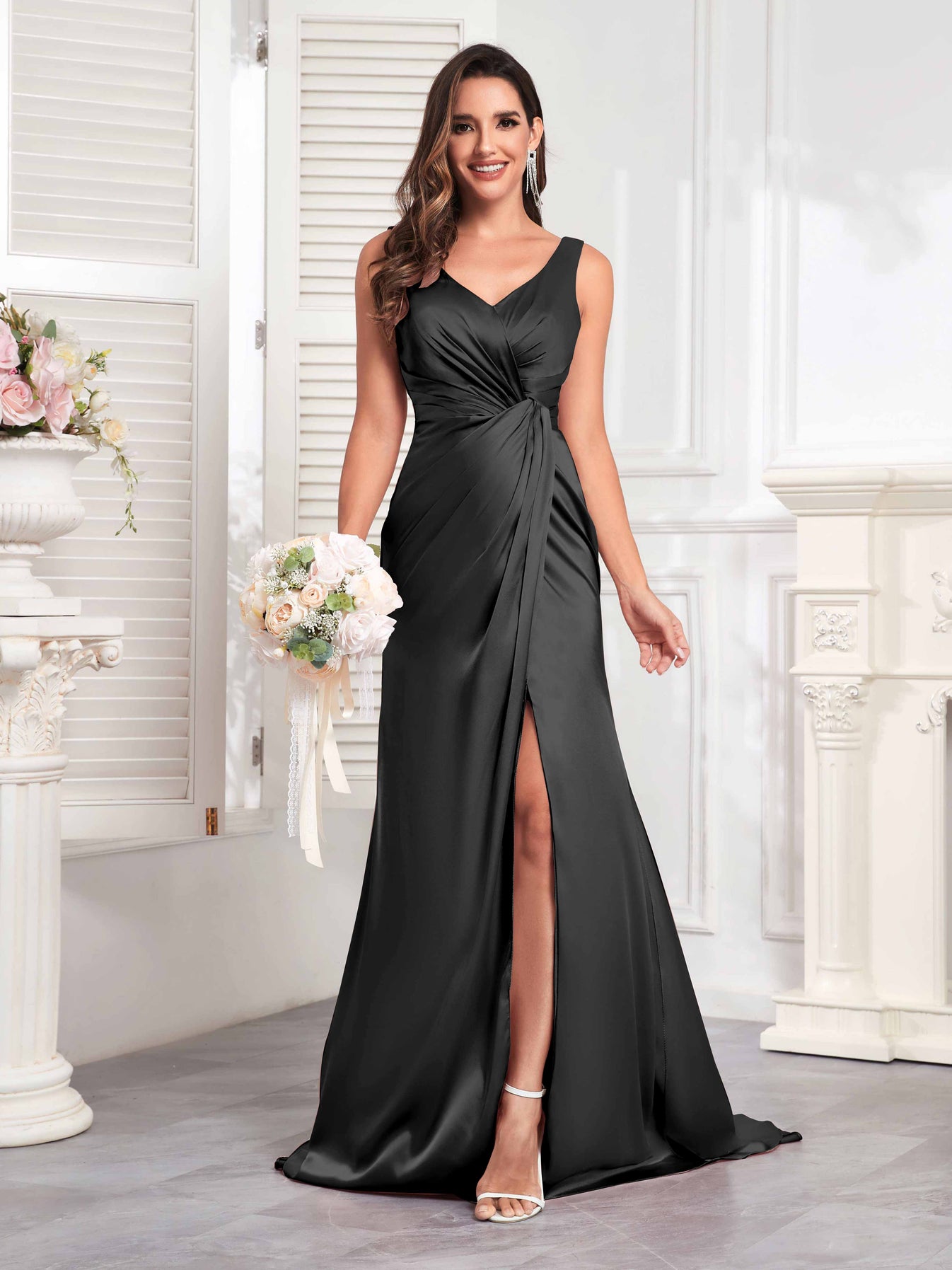 Classy V Neck Sleeveless Slit Ruched Long Satin Formal Prom Dresses UK