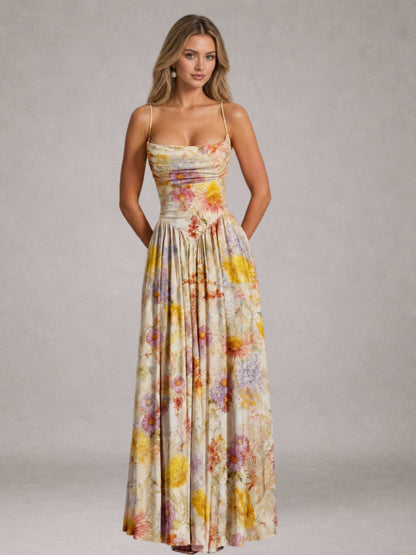 Free Shipping Colorful Wildflower Spaghetti Strap Cowl Neck A-Line Long Bridesmaid Dress with Lace-Up Back UK