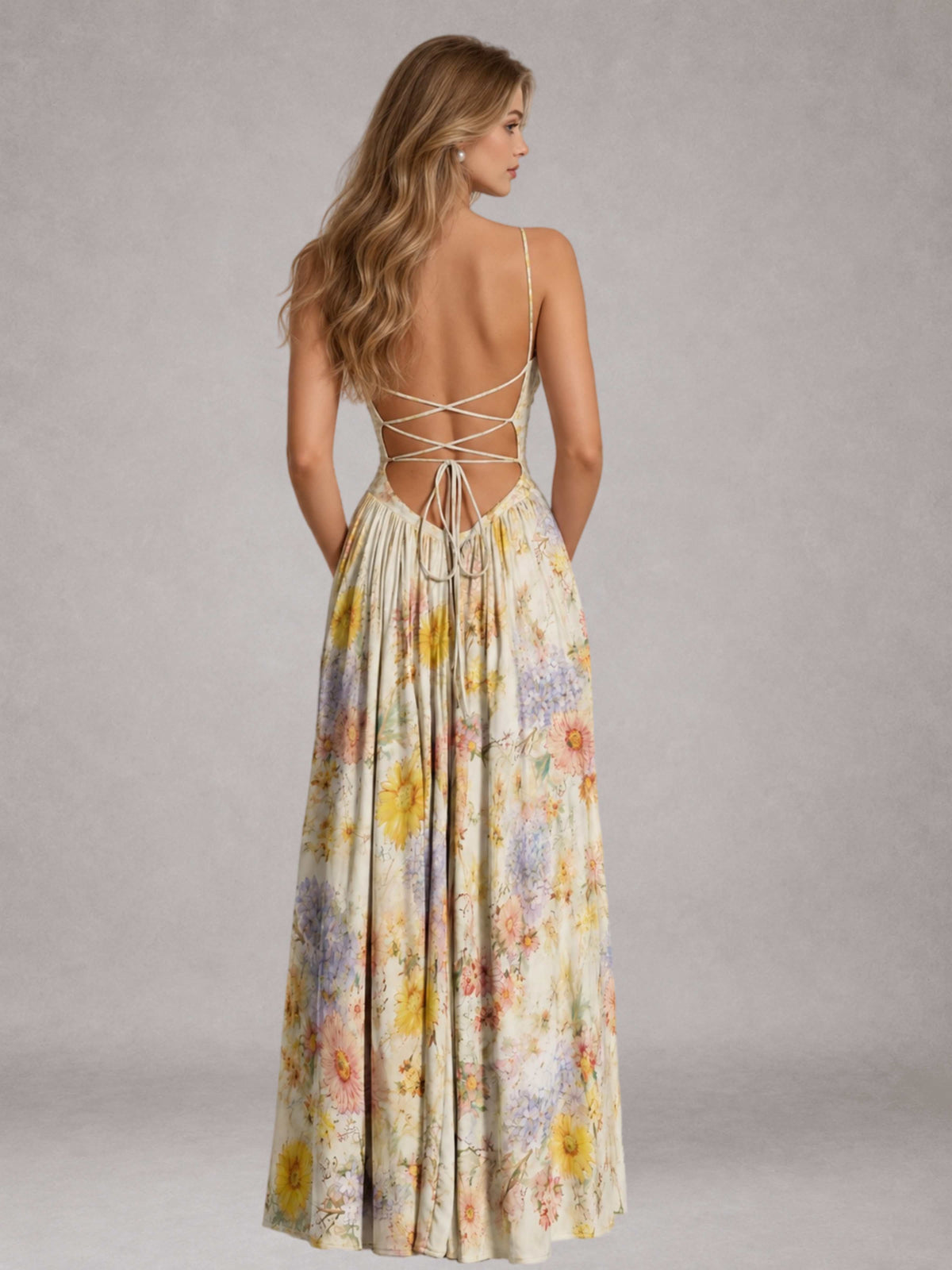 Free Shipping Colorful Wildflower Spaghetti Strap Cowl Neck A-Line Long Bridesmaid Dress with Lace-Up Back UK