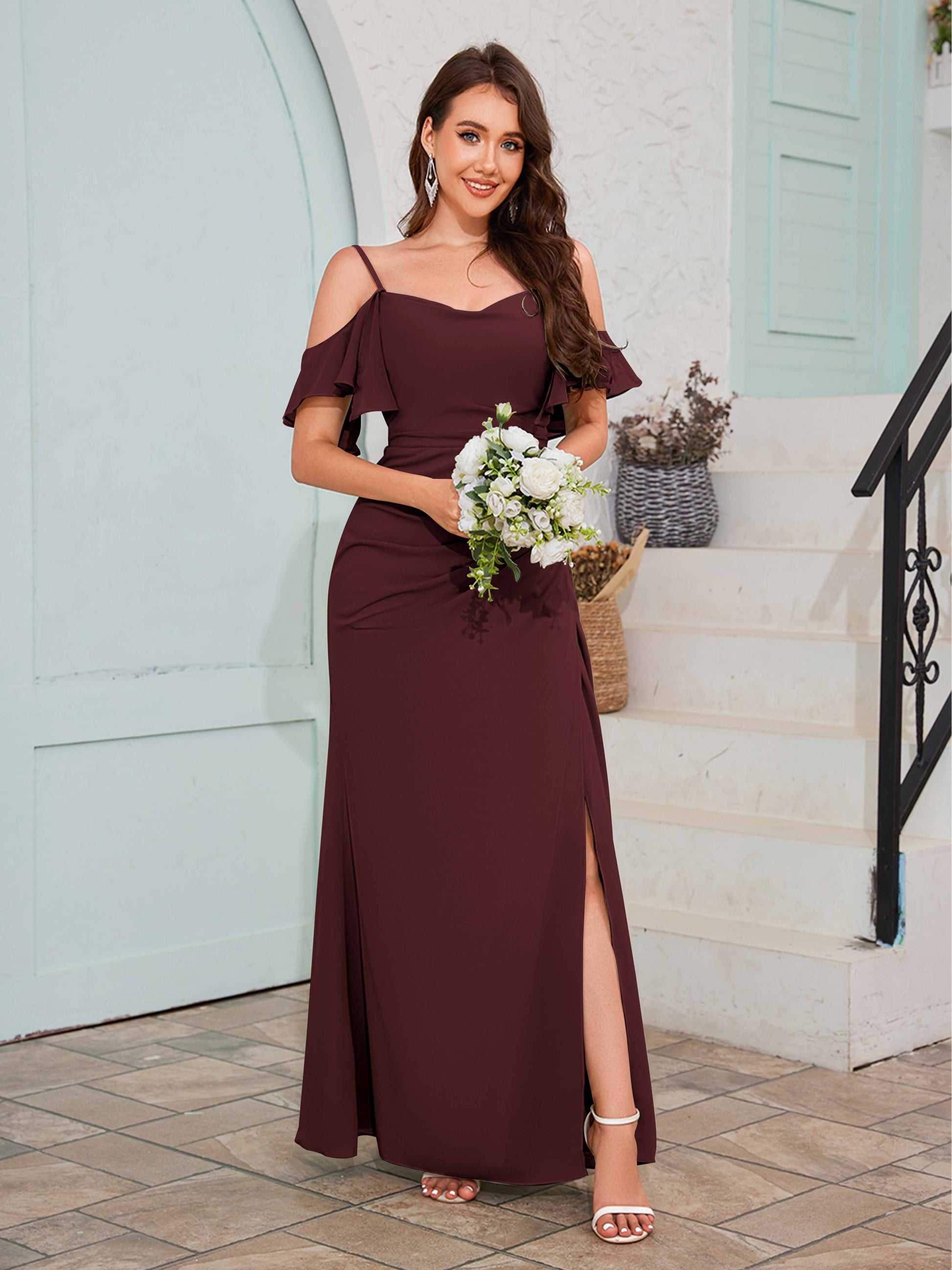 Elegant Draped Sleeves Pleated Slit Long Chiffon Bridesmaid Dresses UK – mollyevers.co.uk Elegant Draped Sleeves Pleated Slit Long Chiffon Bridesmaid Dresses UK – mollyevers.co.uk