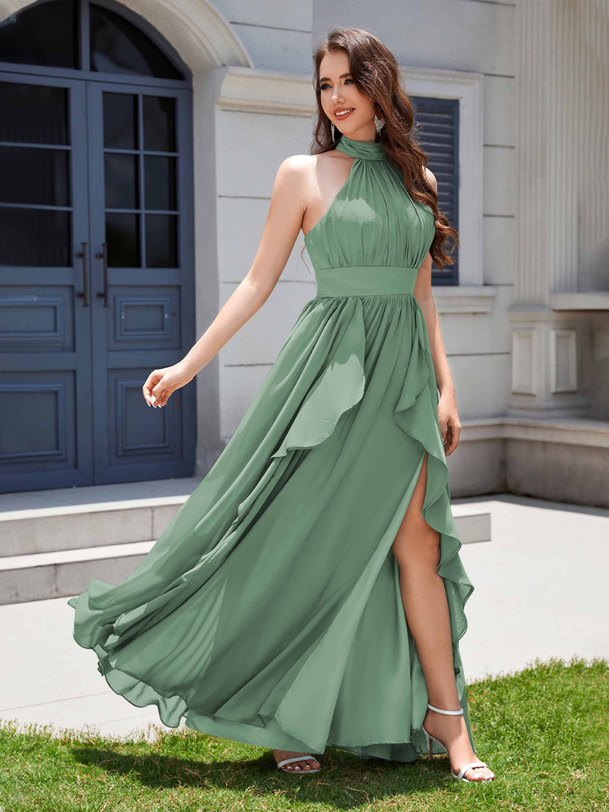 Elegant Halter Slit Pockets Ruffles Floor Length Chiffon Bridesmaid Dr Elegant Halter Slit Pockets Ruffles Floor Length Chiffon Bridesmaid Dr