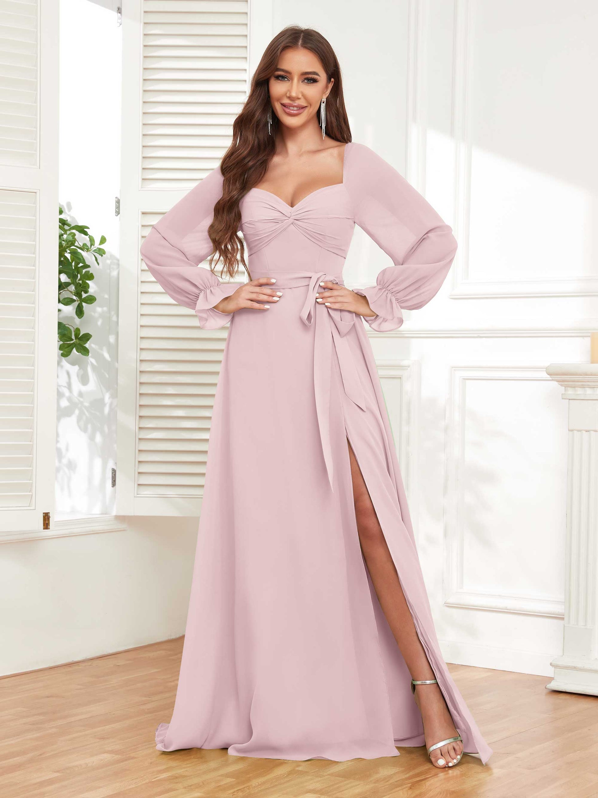 Elegant Lace Up Slit Chiffon Bridesmaid Dresses UK With Belt – mollyevers.co.uk Elegant Lace Up Slit Chiffon Bridesmaid Dresses UK With Belt – mollyevers.co.uk