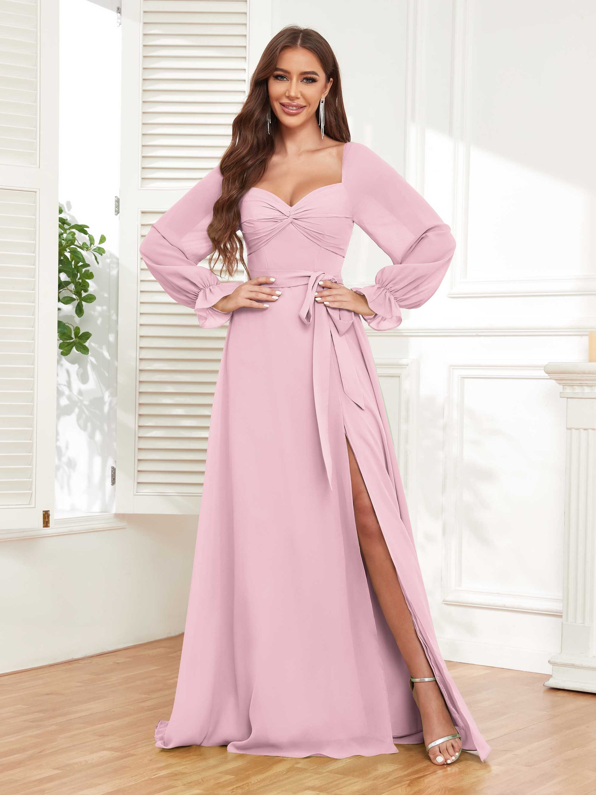 Elegant Lace Up Slit Chiffon Bridesmaid Dresses UK With Belt –
