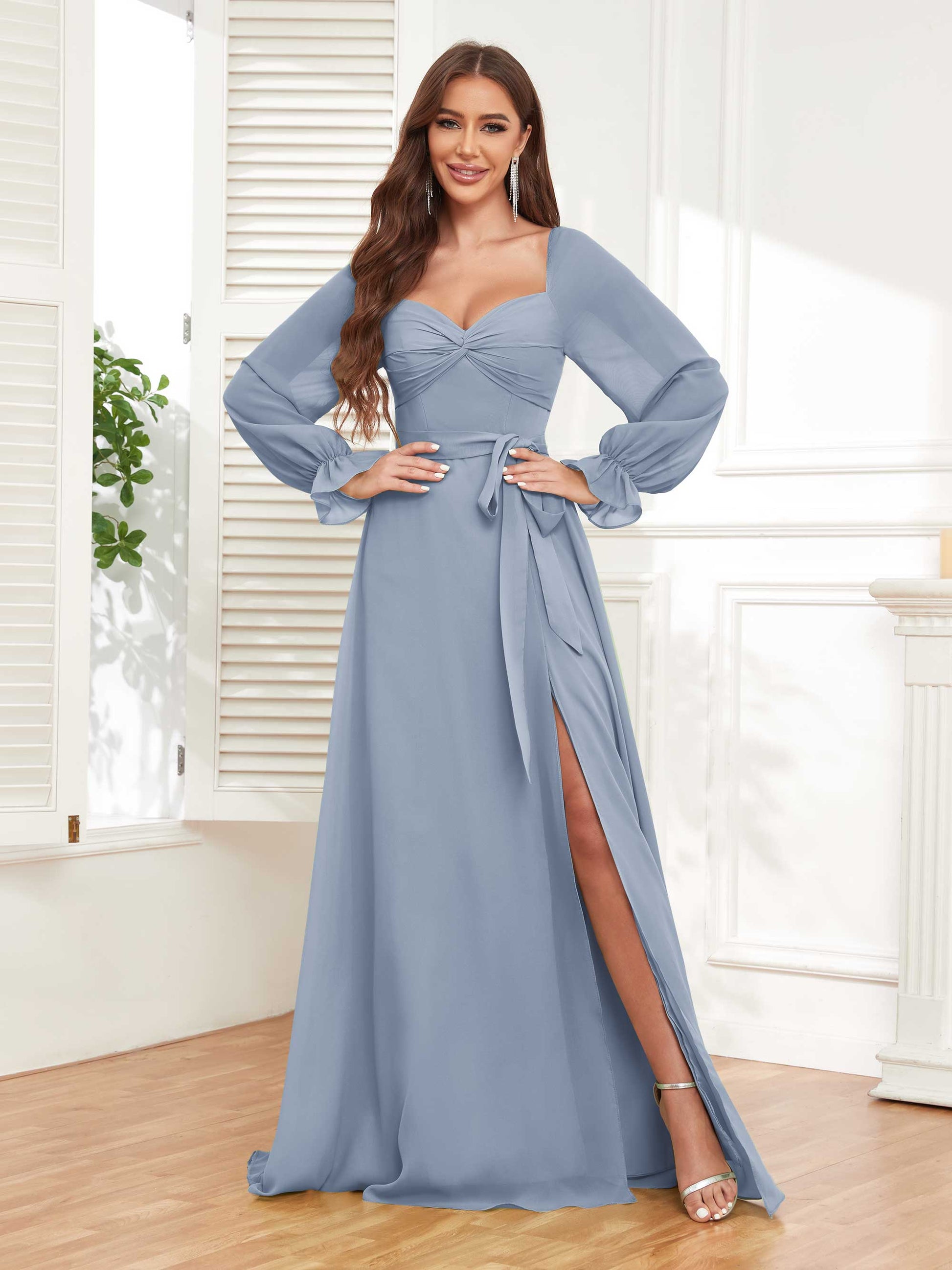 Elegant Lace Up Slit Chiffon Bridesmaid Dresses UK With Belt mollyevers.co.uk Elegant Lace Up Slit Chiffon Bridesmaid Dresses UK With Belt mollyevers.co.uk