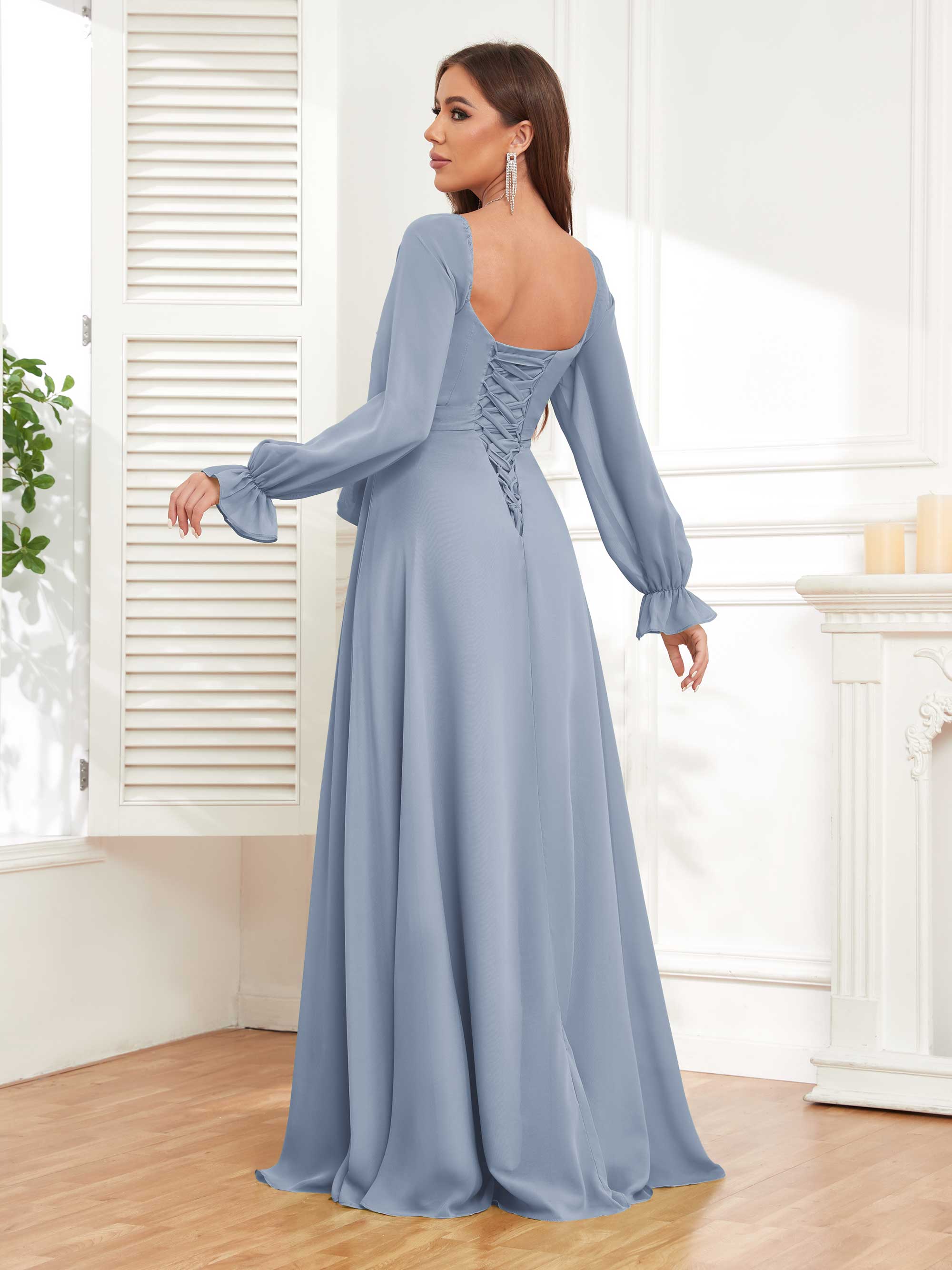 Elegant Lace Up Slit Chiffon Bridesmaid Dresses UK With Belt