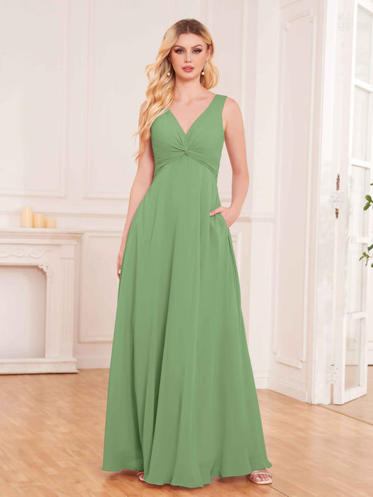 Elegant Pleated Sleeveless Chiffon Bridesmaid Dresses UK With Pockets