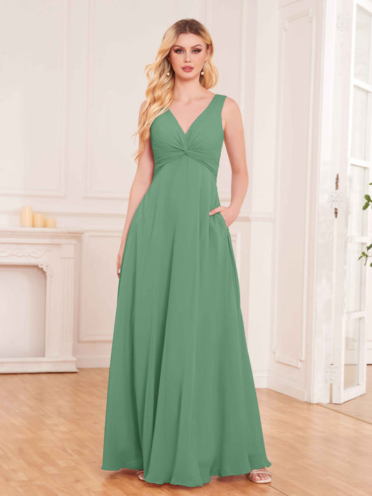 Elegant Pleated Sleeveless Chiffon Bridesmaid Dresses UK With Pockets