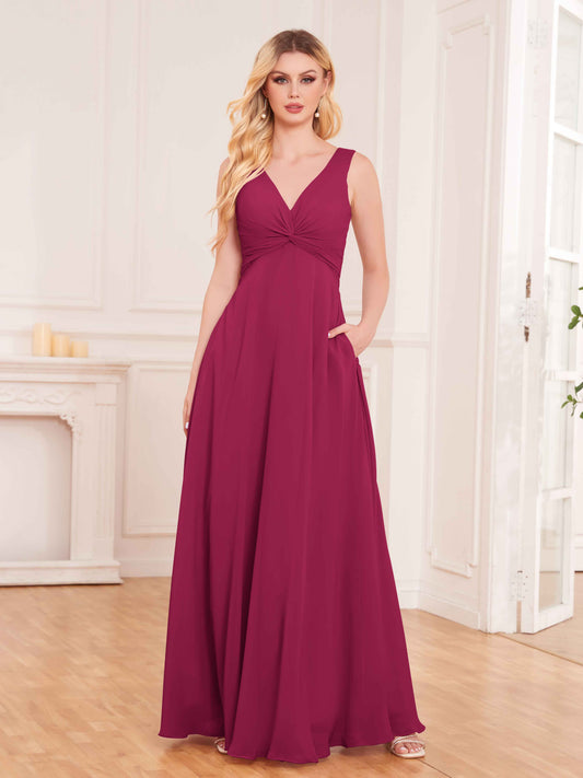 Elegant Pleated Sleeveless Chiffon Bridesmaid Dresses UK With Pockets