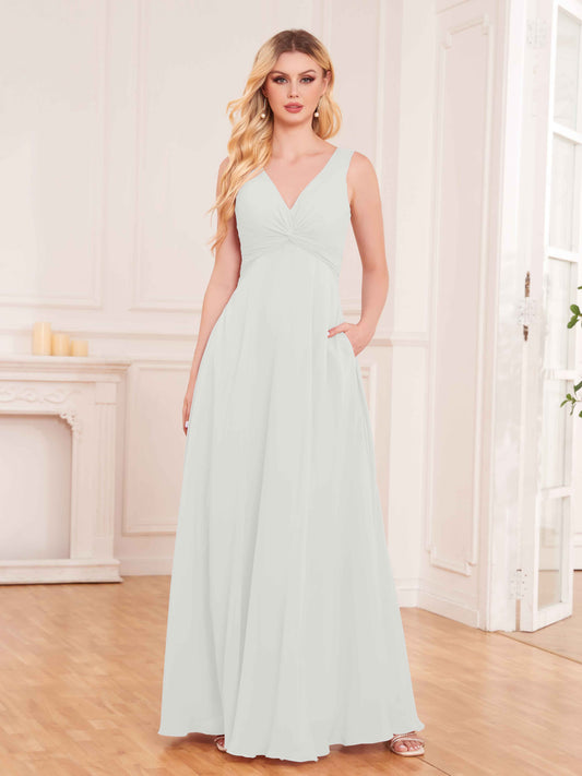 Elegant Pleated Sleeveless Chiffon Bridesmaid Dresses UK With Pockets