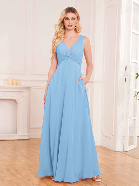 Elegant Pleated Sleeveless Chiffon Bridesmaid Dresses UK With Pockets
