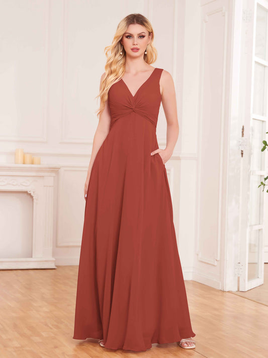 Elegant Pleated Sleeveless Chiffon Bridesmaid Dresses UK With Pockets