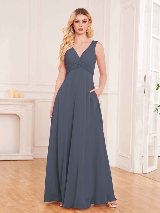 Elegant Pleated Sleeveless Chiffon Bridesmaid Dresses UK With Pockets