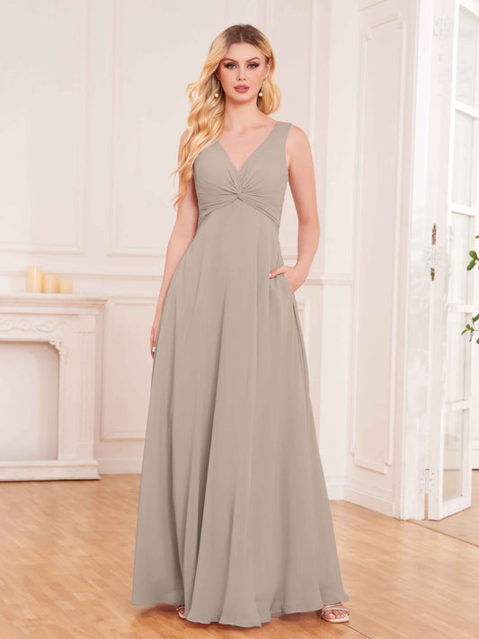 Elegant Pleated Sleeveless Chiffon Bridesmaid Dresses UK With Pockets