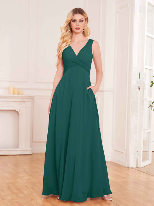 Elegant Pleated Sleeveless Chiffon Bridesmaid Dresses UK With Pockets