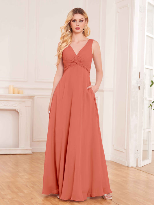 Elegant Pleated Sleeveless Chiffon Bridesmaid Dresses UK With Pockets
