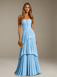 Free Shipping Elegant Strapless A-Line Long Chiffon Prom Dress with Pleated UK