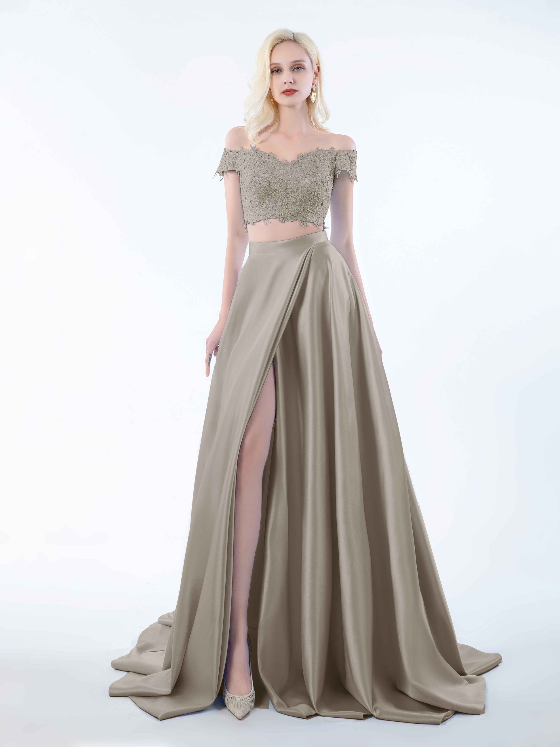 Elegant Two Piece Lace Off The Shoulder Sweep Train Satin Bridesmaid D –