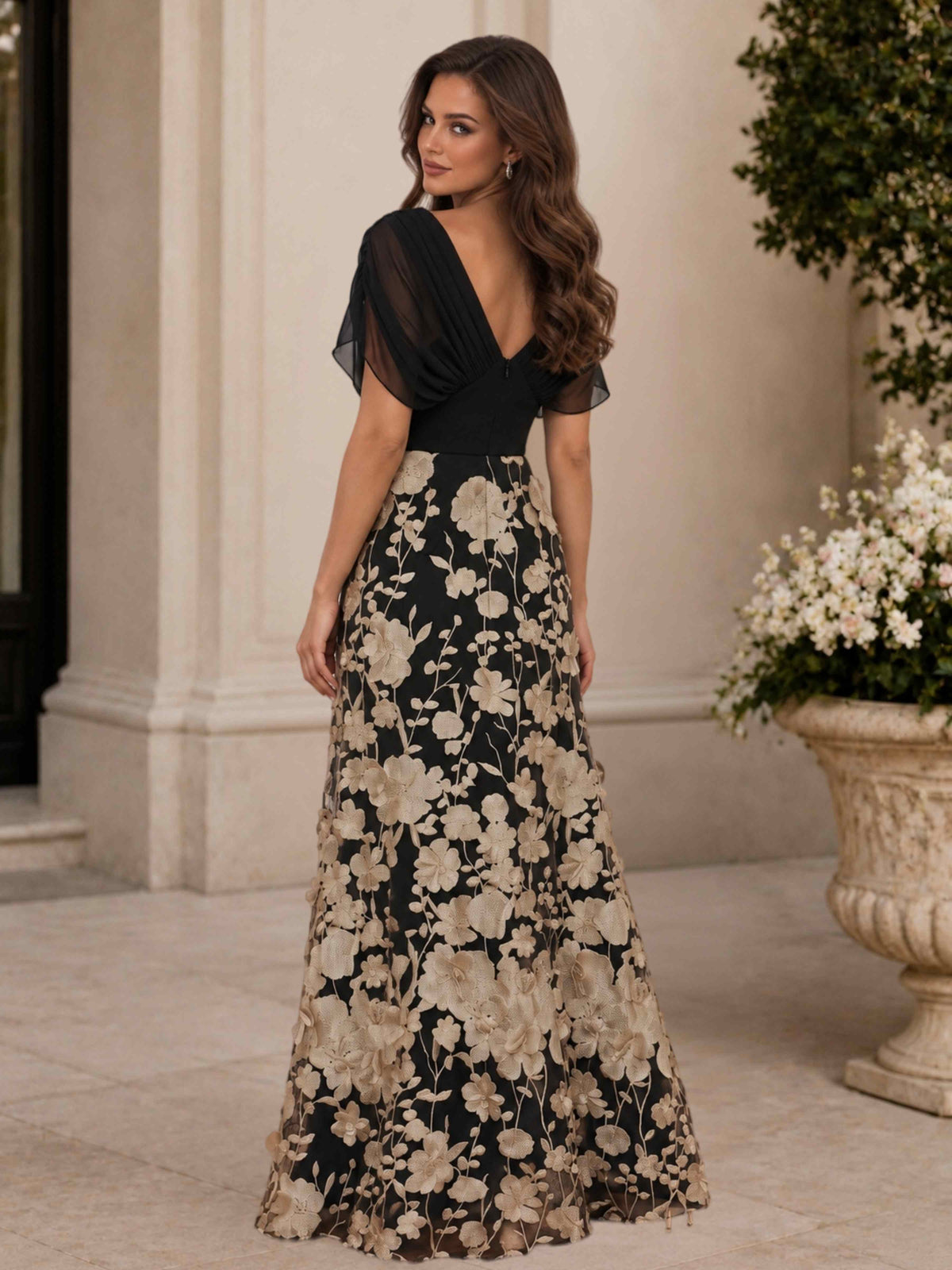Elegant V-Neck A-Line 3D Floral Appliques Floor-Length Wedding Guest Dress with Flutter Sleeves UK