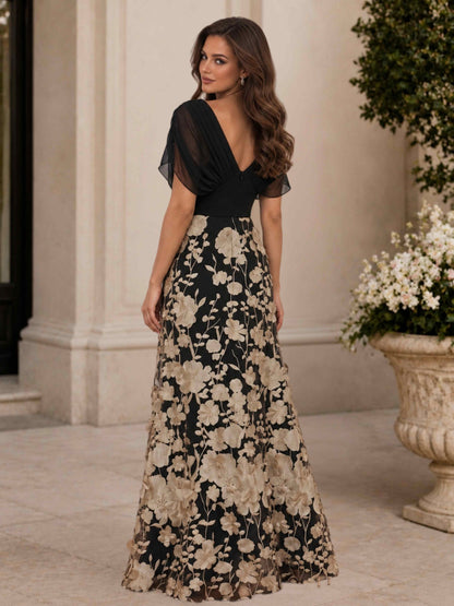 Elegant V-Neck A-Line 3D Floral Appliques Floor-Length Wedding Guest Dress with Flutter Sleeves UK