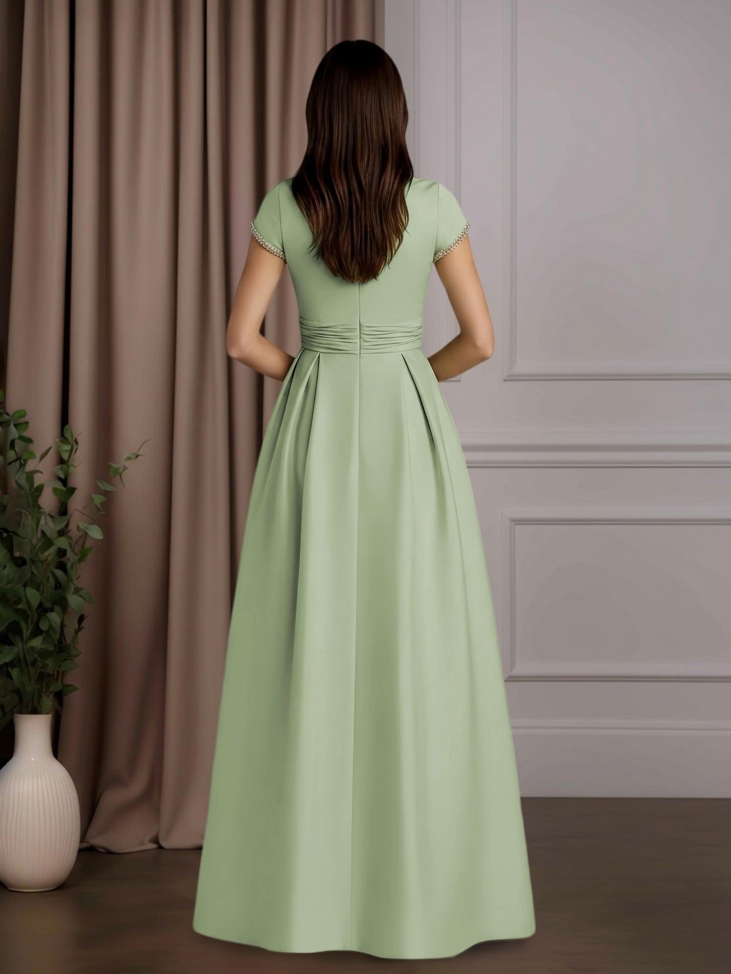 Free Shipping Flattering Rhinestone A-Line Mother of the Bride Dress with Short Sleeves & Floor-Length Pleated Dress UK