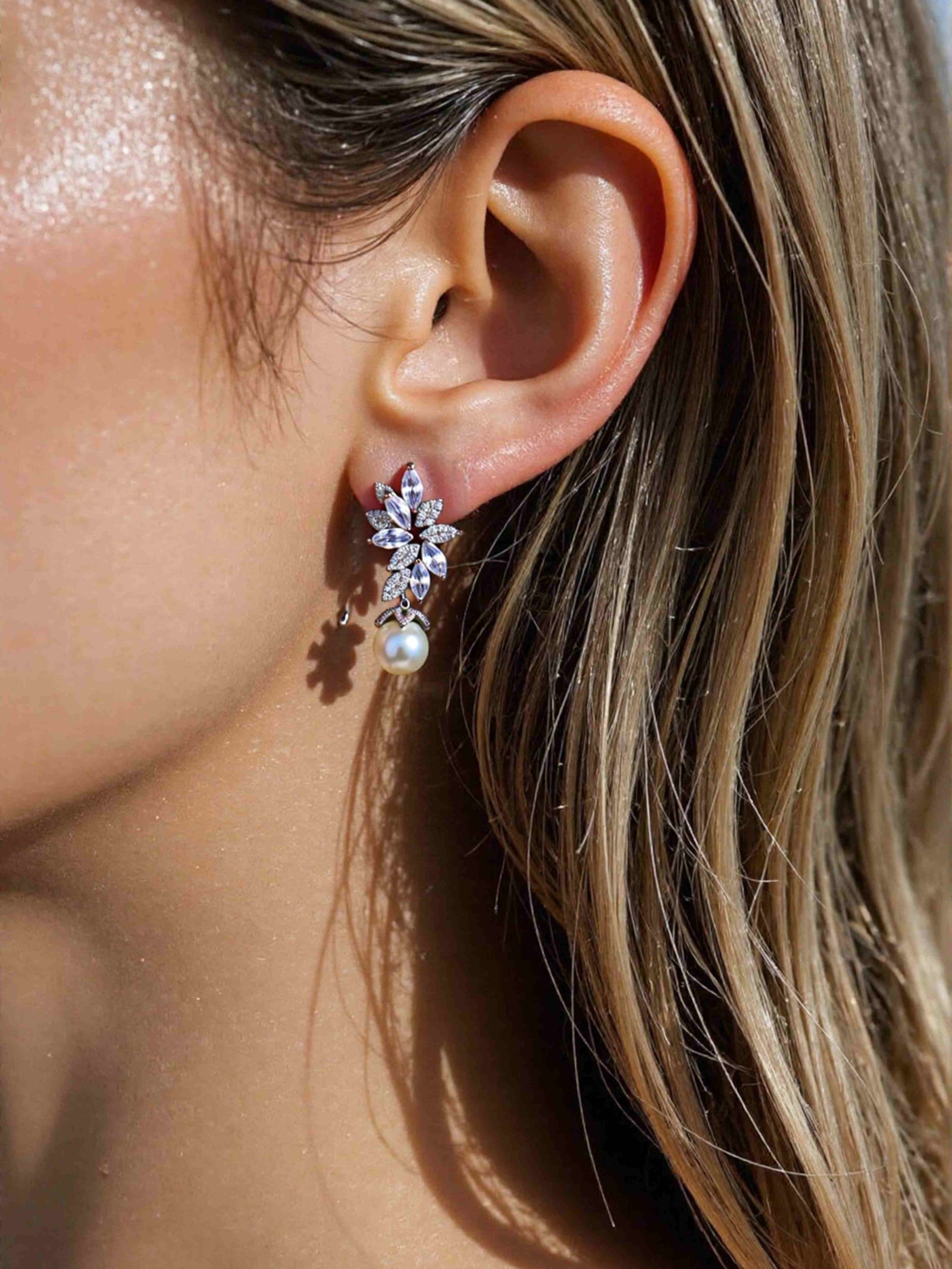 Floral Crystal Pearl Drop Earrings Bridal Leaf Design Silver Rose Gold Elegant Wedding Earrings UK