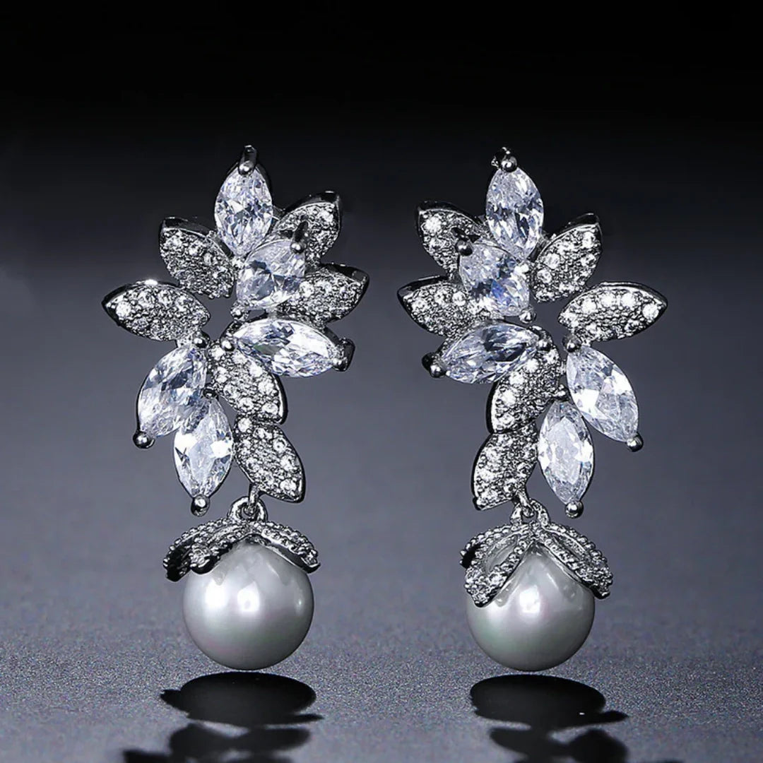 Floral Crystal Pearl Drop Earrings Bridal Leaf Design Silver Rose Gold Elegant Wedding Earrings UK