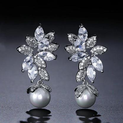 Floral Crystal Pearl Drop Earrings Bridal Leaf Design Silver Rose Gold Elegant Wedding Earrings UK