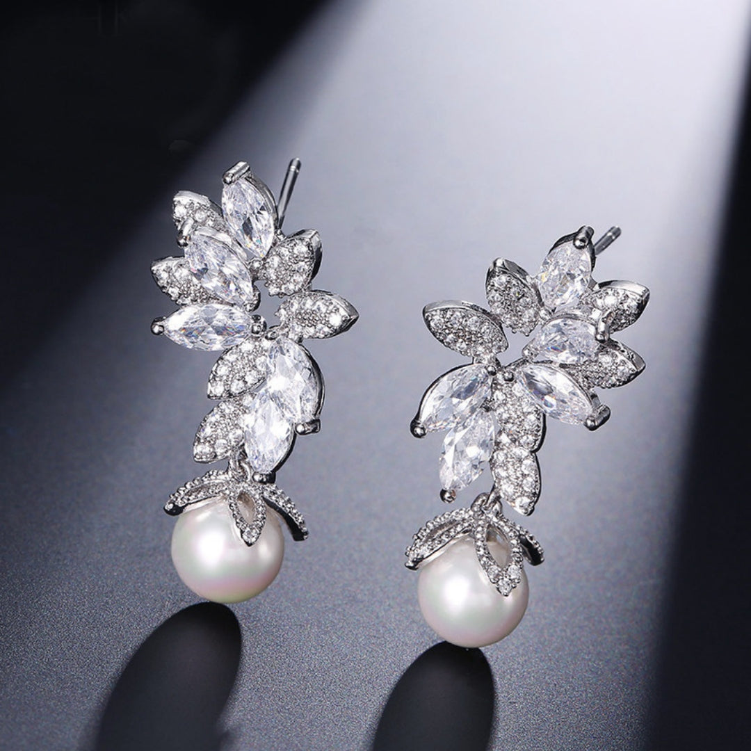 Floral Crystal Pearl Drop Earrings Bridal Leaf Design Silver Rose Gold Elegant Wedding Earrings UK