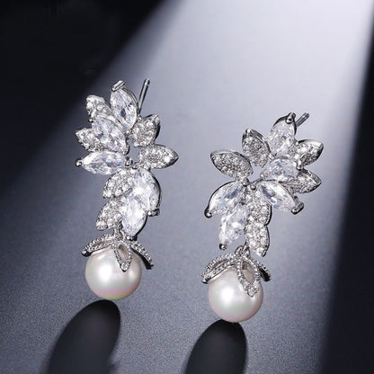 Floral Crystal Pearl Drop Earrings Bridal Leaf Design Silver Rose Gold Elegant Wedding Earrings UK